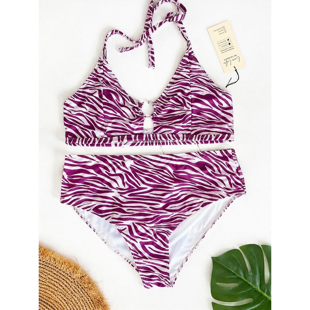 Cupshe‎ Womens Zebra Print Bikini Set Purple White High Waist Halter Top XL NEW